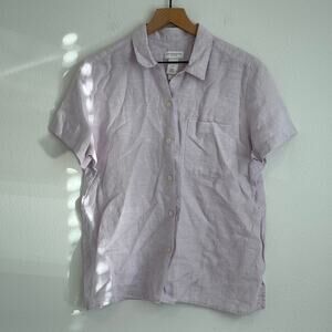 100% Linen Liz Claiborne Light Purple Lilac Blouse Short Sleeve Button Up Collar